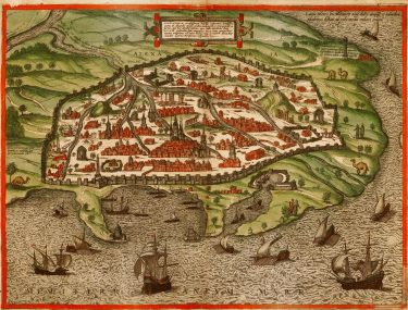 הנוף של אלכסנדריה על בסיס תחריט של גאורג הופנאגל כפי שמתואר בתוך Civitates Orbis Terrarum VI (1558)