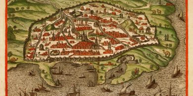 הנוף של אלכסנדריה על בסיס תחריט של גאורג הופנאגל כפי שמתואר בתוך Civitates Orbis Terrarum VI (1558)